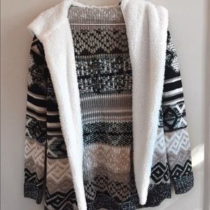 Fur Hooded Tribal Print Cardigan